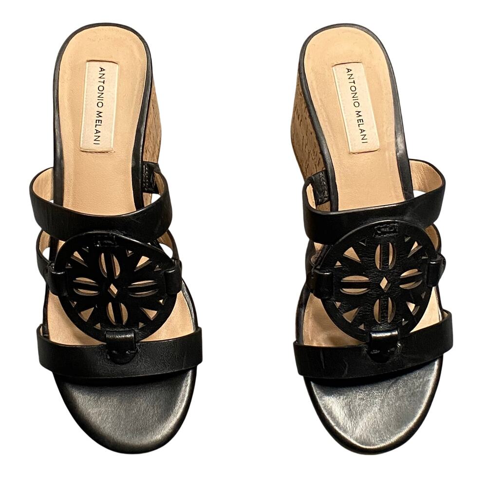 Antonio Melani Sandals Women Sz 7.5 Black Leather Cork Platform Wedge